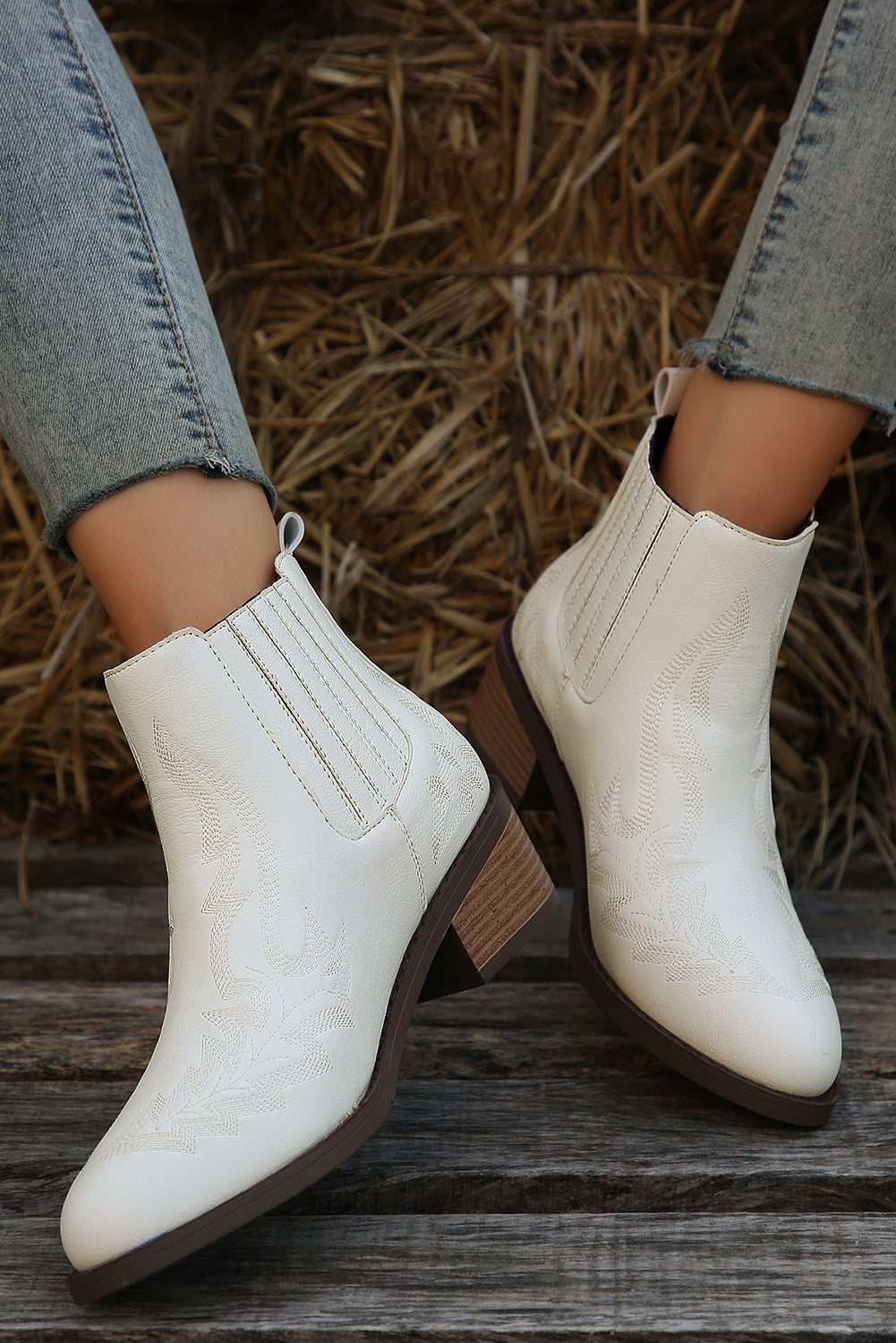 White Leather Thick Heel Booties