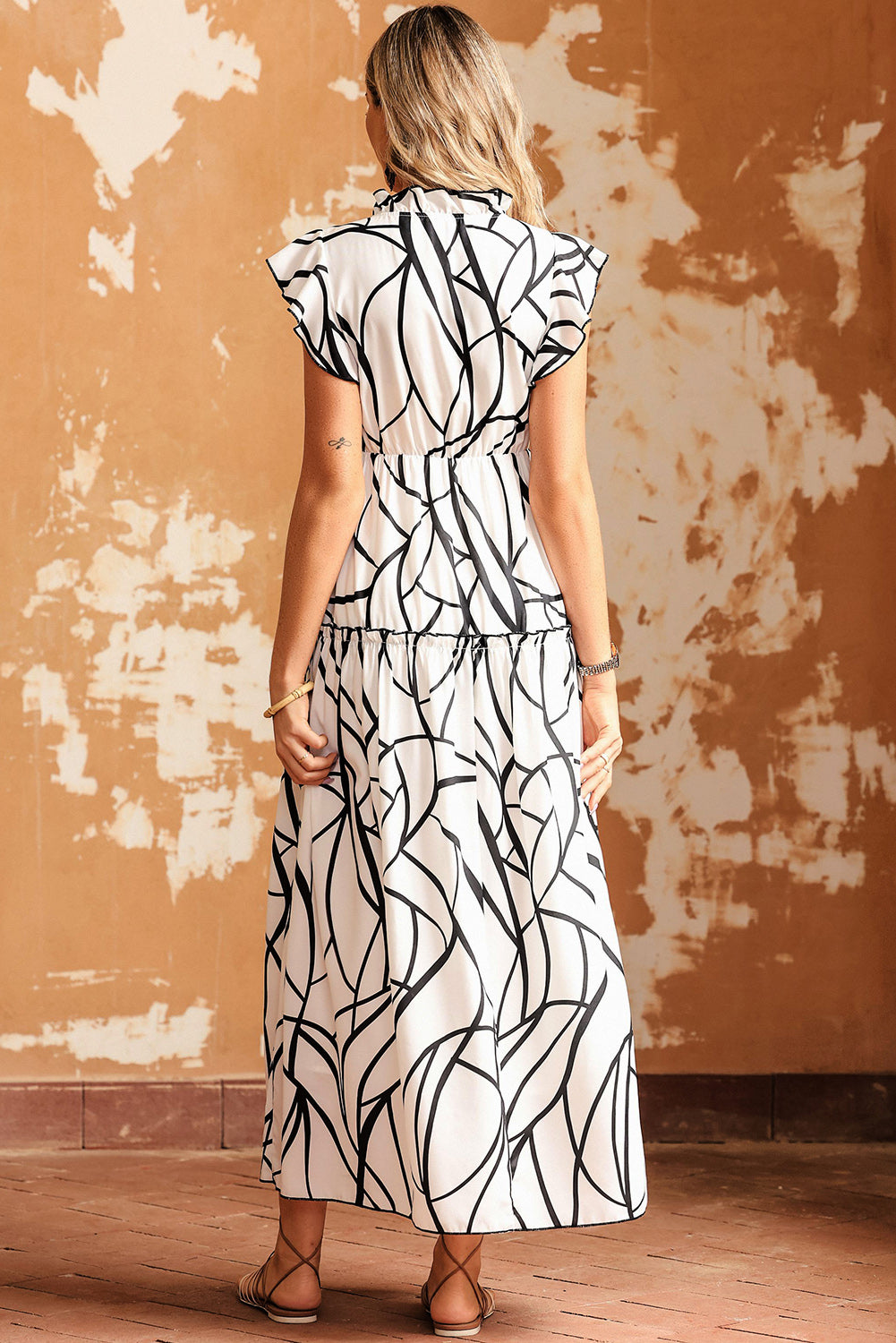 Abstract Print Ruffle Maxi Dress