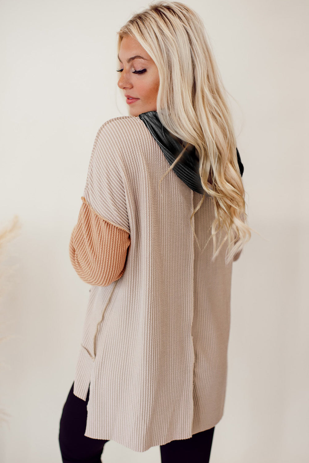 Color Block Long Sleeve Ribbed Loose Top