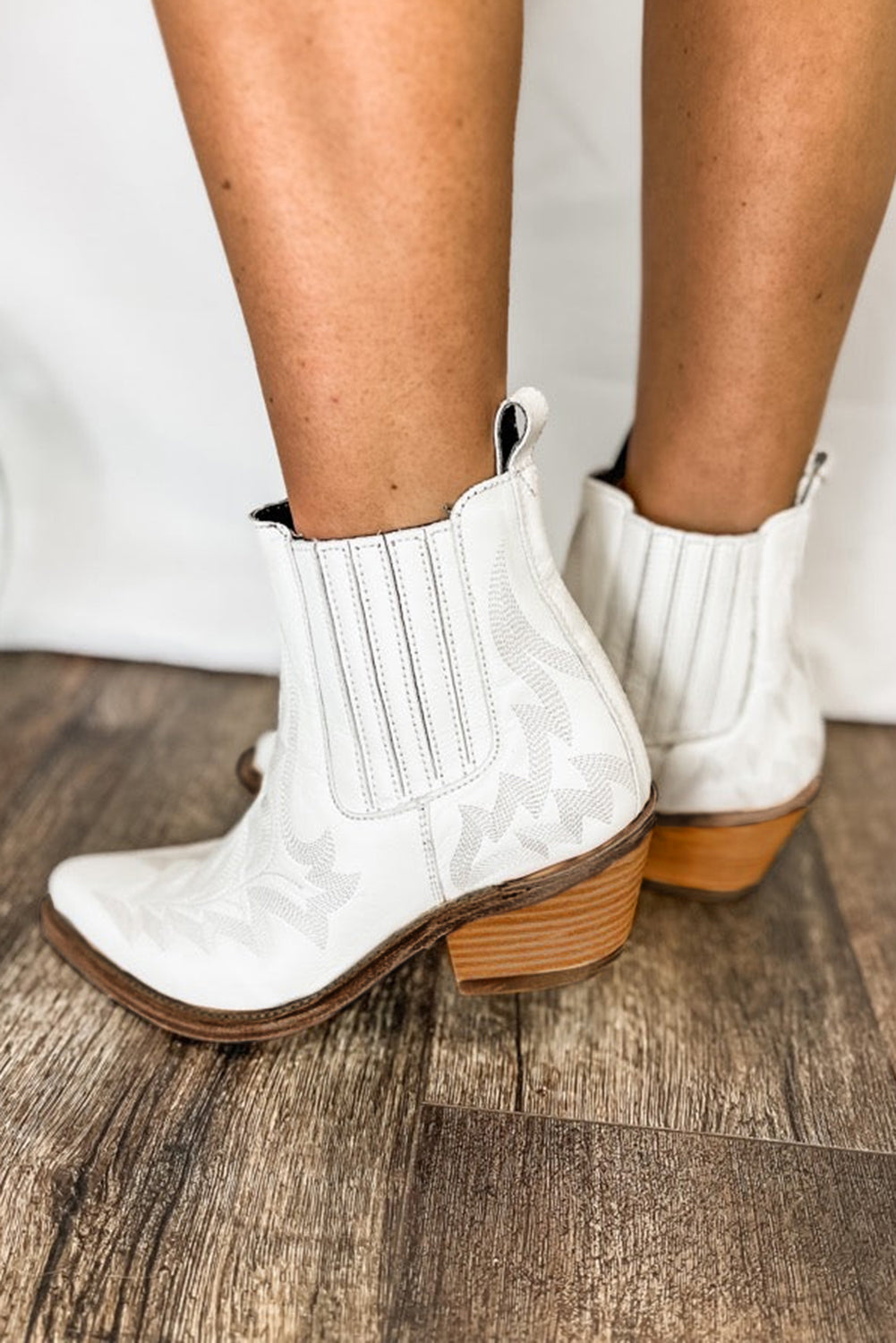 White Leather Thick Heel Booties