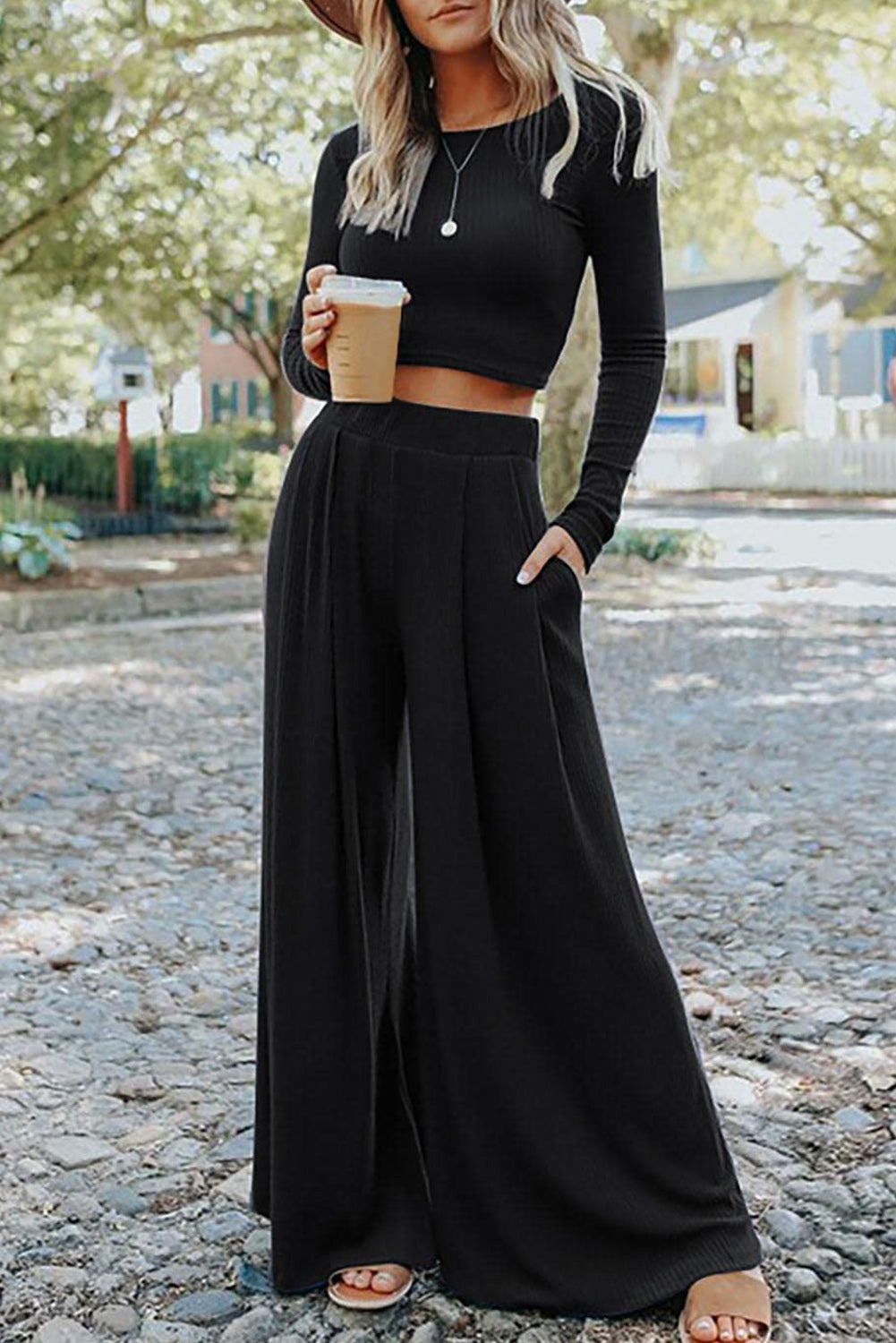 Black Solid Pants Set