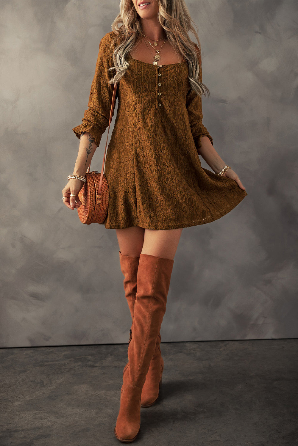 Chestnut Crochet Mini Dress