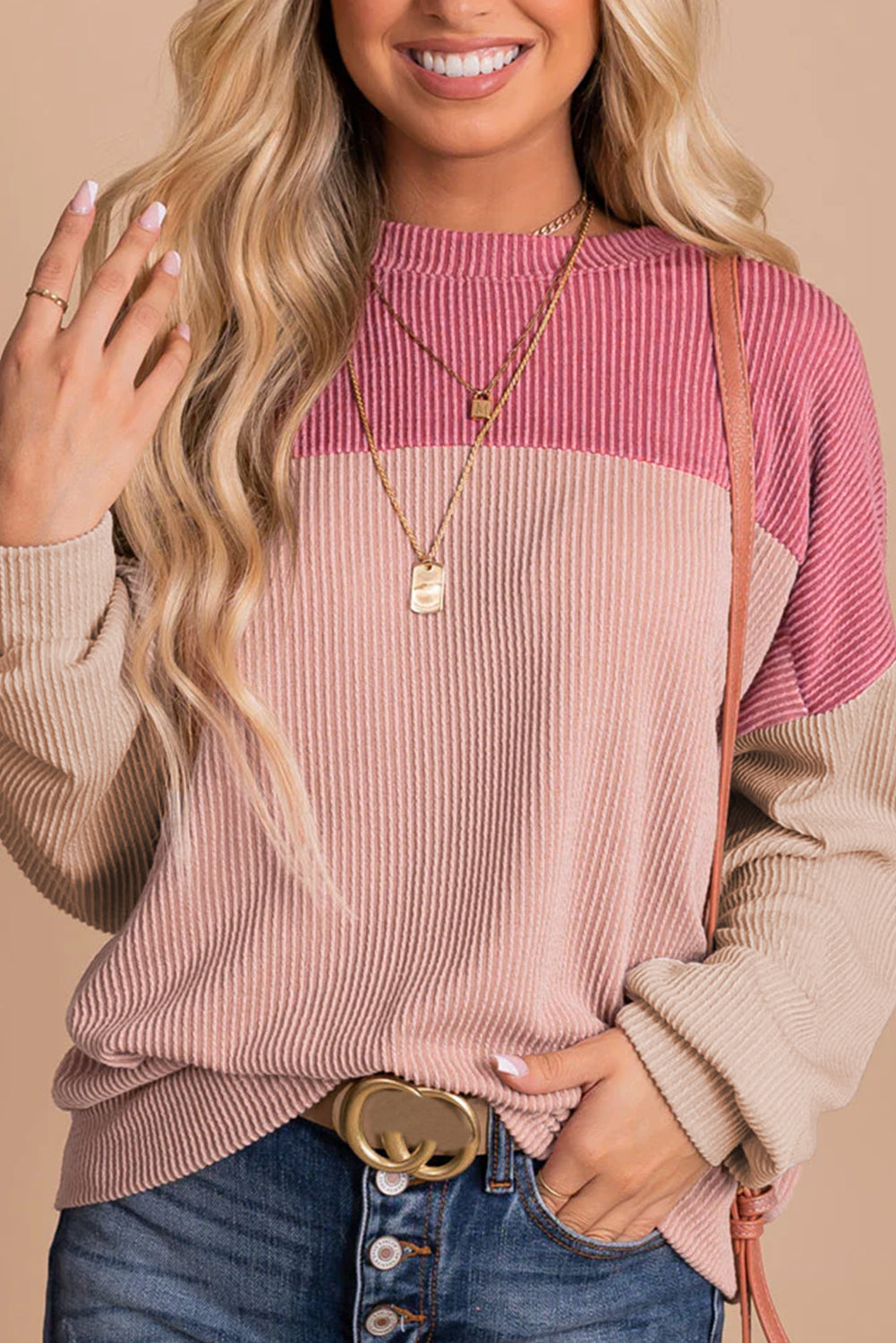 Color Block Long Sleeve Ribbed Loose Top