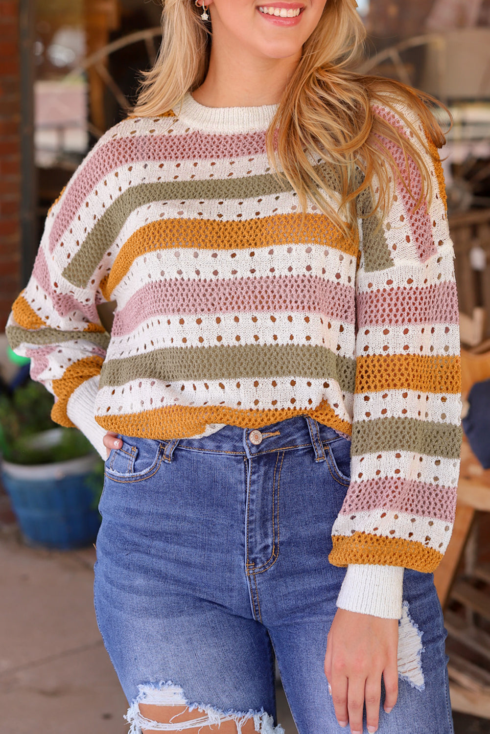 Striped Hollowed Knitted Loose Sweater