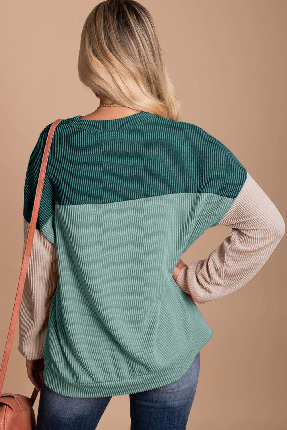 Color Block Long Sleeve Ribbed Loose Top