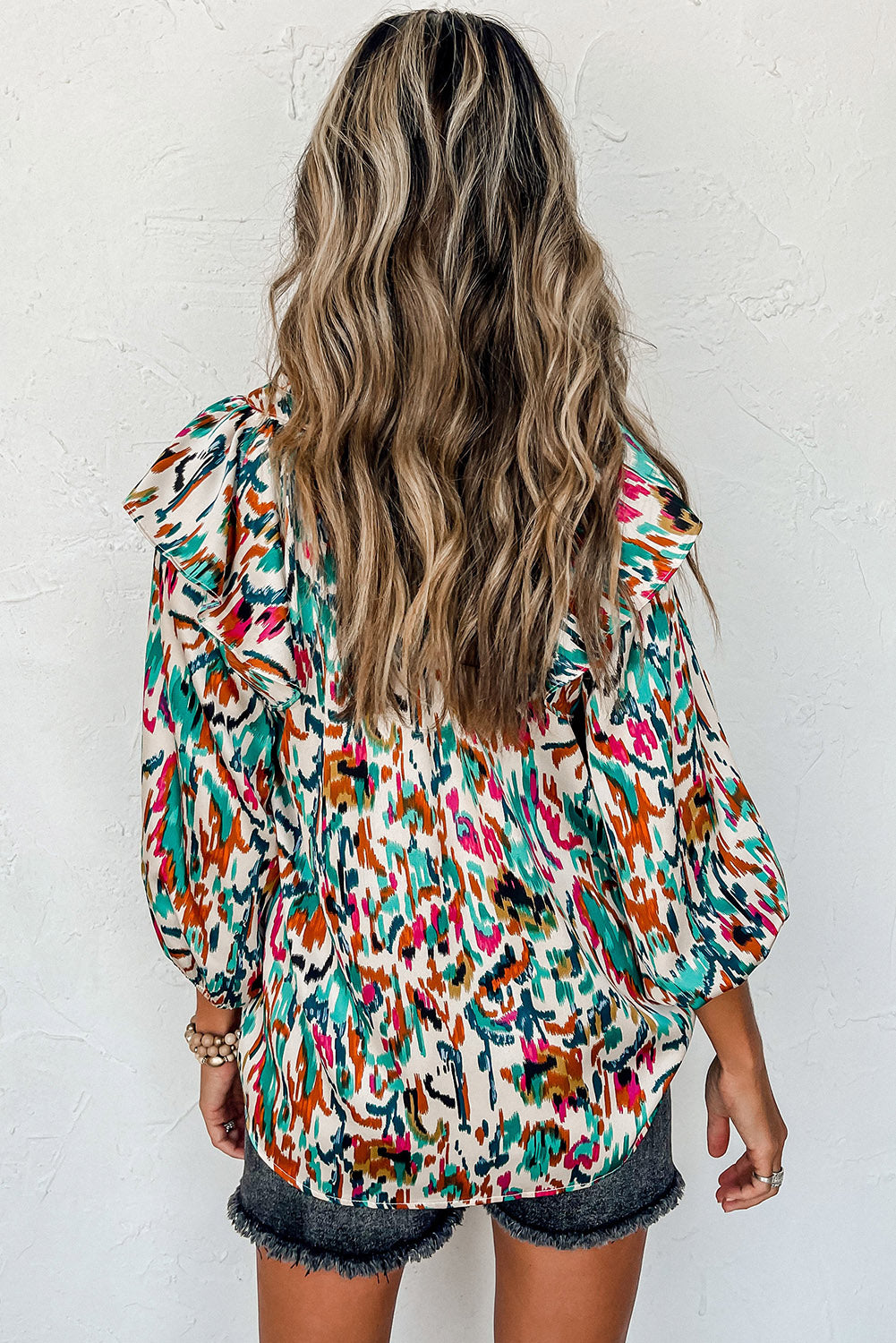 Abstract Print Ruffle Blouse