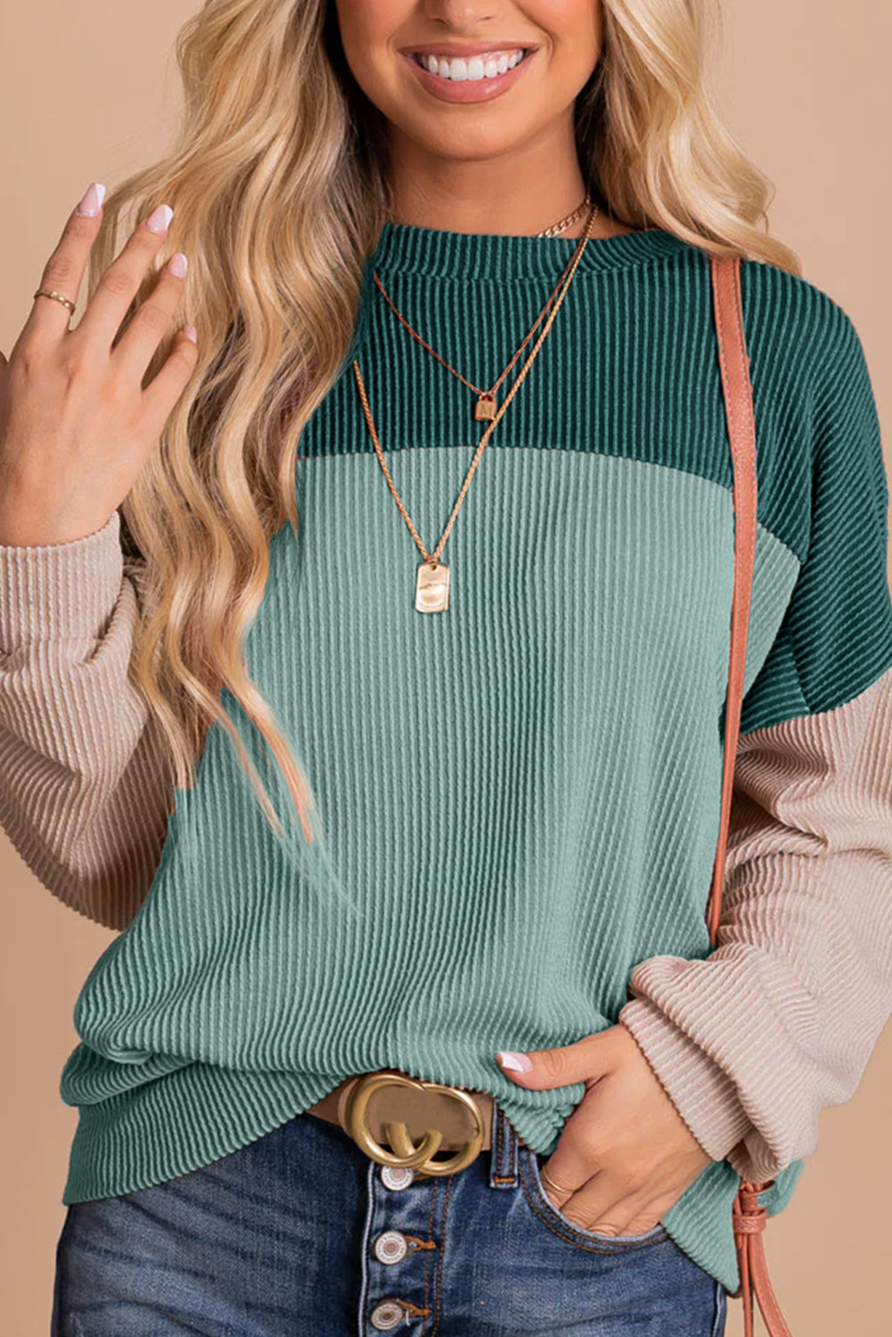 Color Block Long Sleeve Ribbed Loose Top