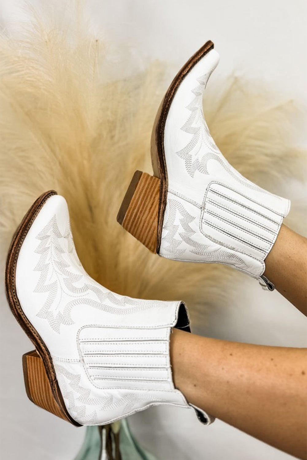 White Leather Thick Heel Booties